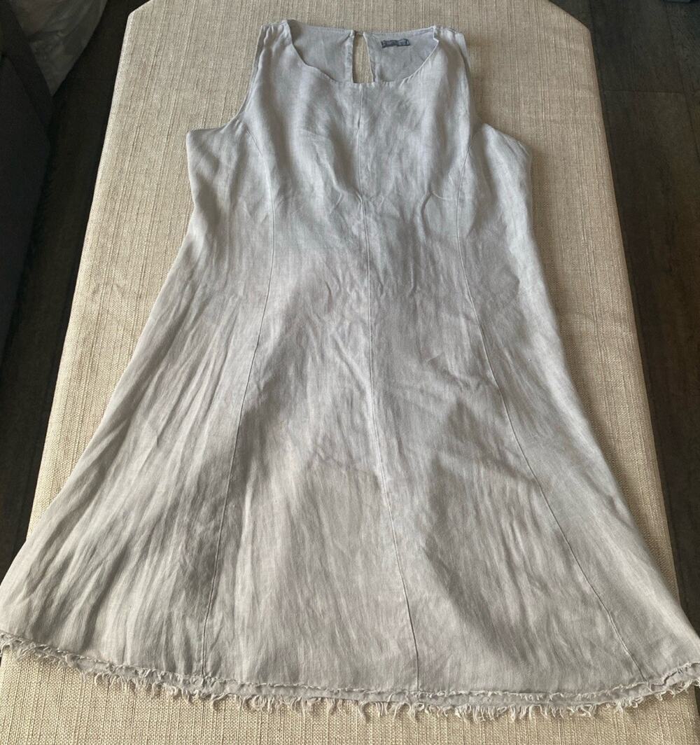 Piazza Del Tempio 100% Linen Dress Womens XL Gray Beige Fringed Raw Hem Italy